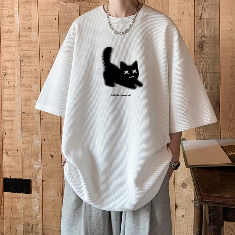 wassup happy小猫华夫格卫衣男款春秋季潮流美式复古圆领休闲外套图片