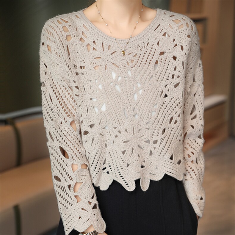 宽松慵懒风100%纯羊毛衫女士圆领刺绣钩花镂空毛衣短款羊绒衫上衣，女装羊毛衫，冀清阳荣
