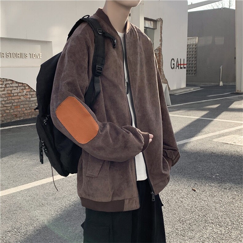 春装皮补丁拼接灯芯绒夹克男休闲外套 JK18P70图片