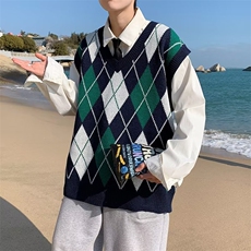 韩版复古休闲菱格毛衣背心男日系学院潮流格坎肩针织毛衣男MB33，男装针织衫/毛衣，星座1116A-1（原606A）