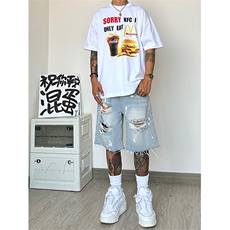 夏季大码宽松泼墨油画毛边时尚破洞短款短裤牛仔裤男高街得物，男装牛仔裤，星座301D-4(原星座1004-4）