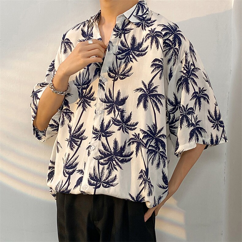 夏季冰丝花衬衫男海边沙滩短袖男潮流ins宽松花衬衣CS801-P35图片