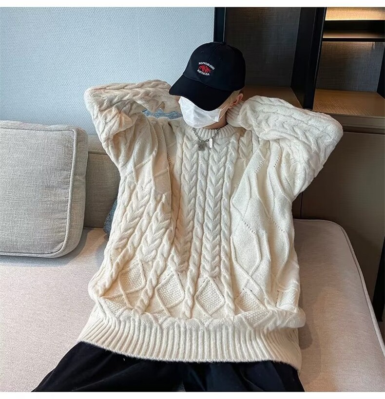 日系麻花宽松毛衣外穿男女情侣慵懒风港风圆领针织外套男M06,男装针织衫/毛衣,星座1116A-2（原606A-1）