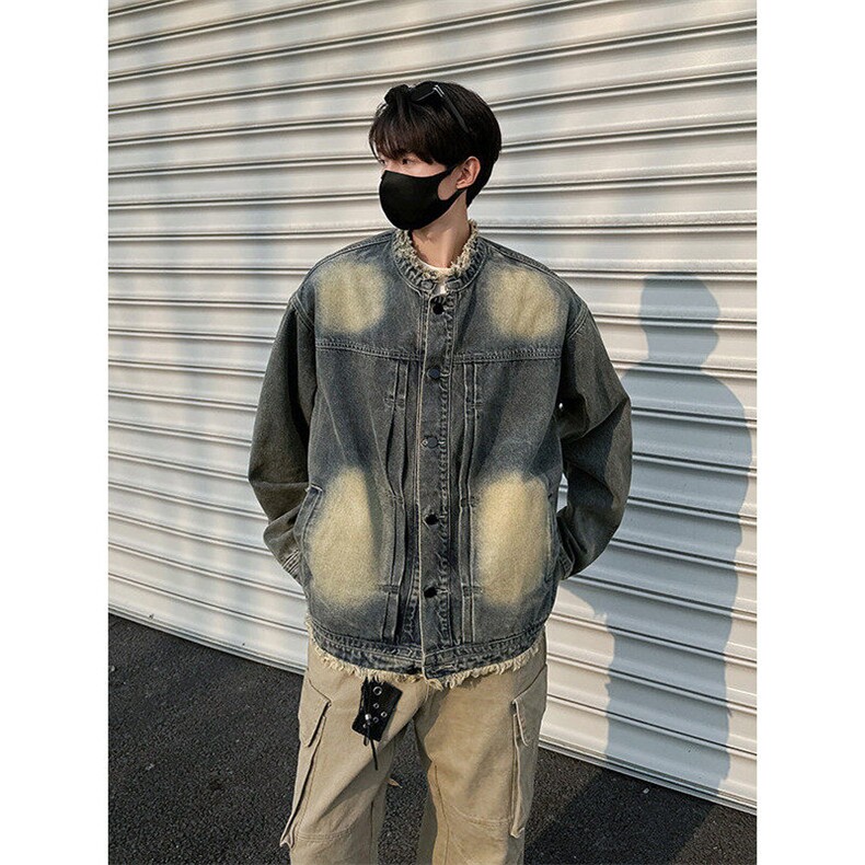 美式复古泥染做旧毛边牛仔外套男春季水洗宽松翻领夹克JK1174-P75,男装工装外套,星座1103-3