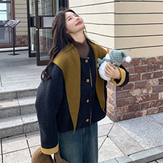 高级感撞色毛呢外套女2025秋冬新款针织披肩休闲小个子加厚短上衣，女装毛呢外套，2C198
