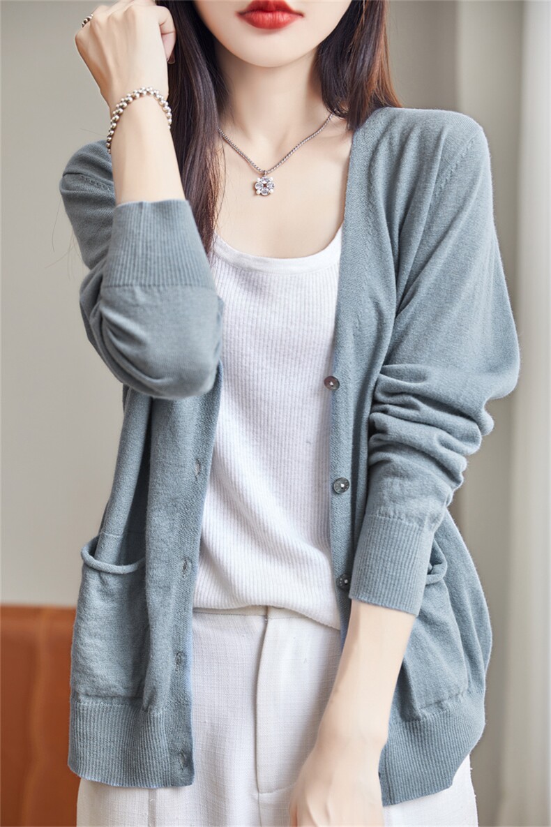 秋冬季羊毛48支简约休闲V领开衫,女装羊毛衫,朝思羊绒