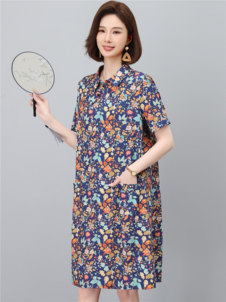 高端棉麻连衣裙女2026夏季新款宽松休闲中年妈妈薄款碎花裙子,女装连衣裙,独衣靓