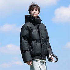 现货5W件冬季三防重磅boxy短款羽绒连帽PU皮棉衣外套防风加厚棉服，男装棉衣，电商A486-1