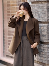 现货手工缝制冬季保暖新款时尚舒适西装领系带双面呢一手长外套，女装毛呢外套，卡杰菲