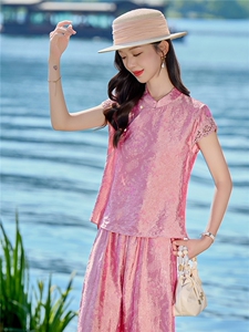 2026夏季新款新中式风盘扣提花蕾丝上衣女修身显瘦气质套裤图片