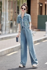 新中式牛仔休闲套装女2025夏季新款欧货时尚休闲阔腿裤两件套减龄，女装套装/套裙，瑶迪依秀