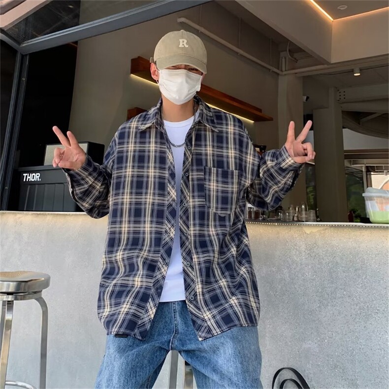 潮牌美式休闲工装格子衬衫男日系痞帅百搭衬衣复古薄外套S192-P33,男装衬衫,星座1008