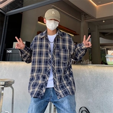 潮牌美式休闲工装格子衬衫男日系痞帅百搭衬衣复古薄外套S192-P33，男装衬衫，星座1008