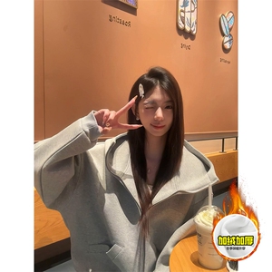 480G重磅加绒硬挺boxy 男女秋冬美式高街防风高领卫衣开衫厚外套图片
