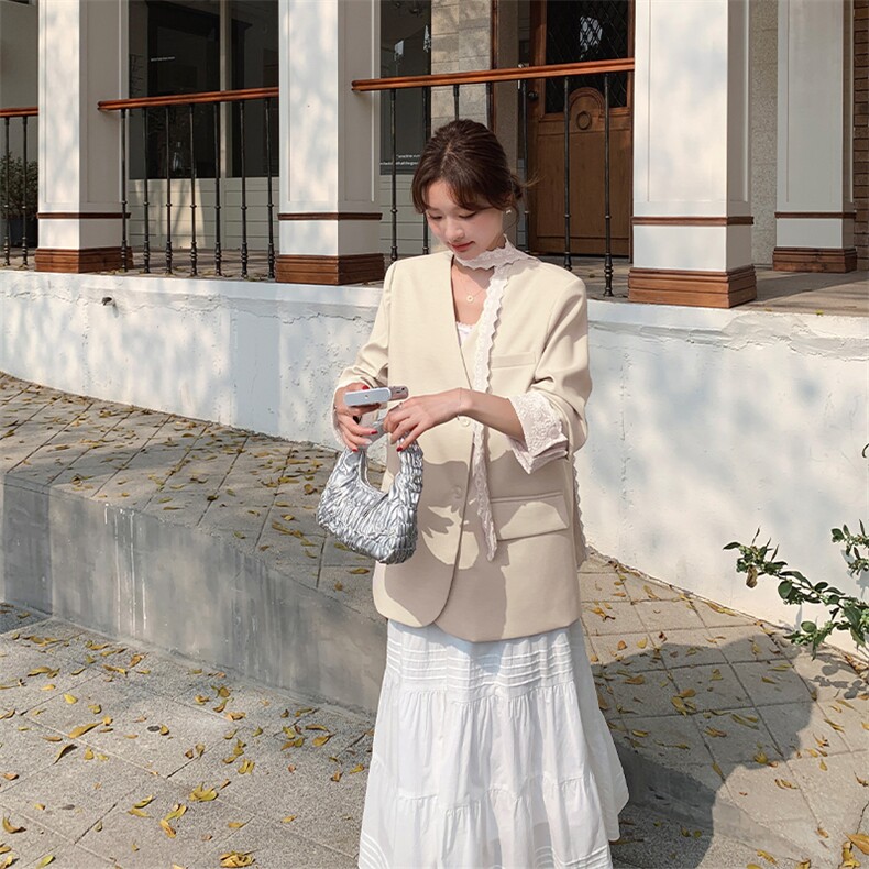 韩系独特超好看蕾丝飘带西装外套女2025春季新款超火减龄V领西服,女装西装,2C015
