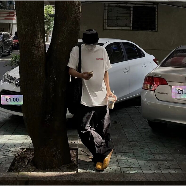 抖音得物供货210克现货宽松纯棉美式潮牌印花落肩袖纯棉T恤AT2197图片