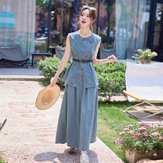 牛仔套装裙2025夏日新款巨好看的韩系松弛感老钱小香风无袖穿搭女，女装套装/套裙，依路服饰