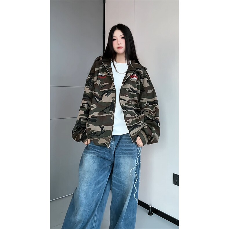 美式迷彩连帽夹克外套男拉链开衫宽松情侣卫衣潮25XJ55262特批85,男装夹克,电商A042