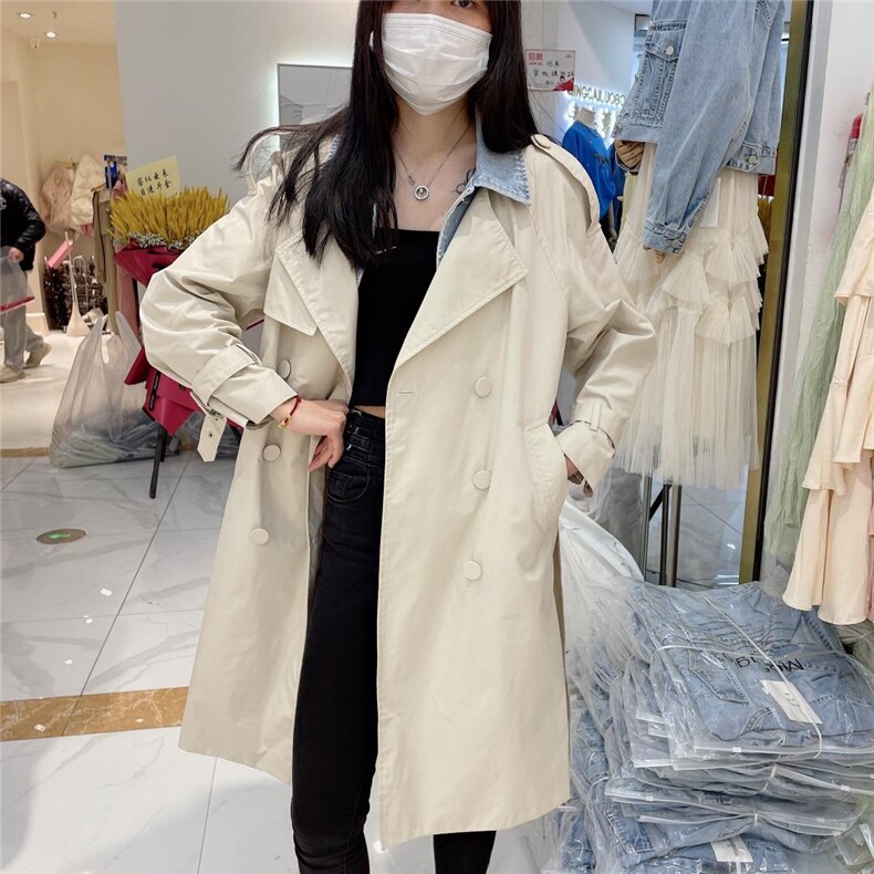 2021春装新款外套女牛仔拼接假两件时尚百搭中长款风衣，女装风衣，迷吉meeggle