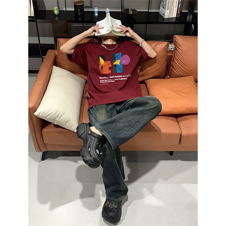 已做版权拼贴画设计感宽松落肩艺术风短袖纯棉高级感t恤T90-P28,男装T恤,星座205-5
