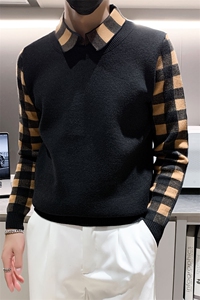 301A-1/M65/P75控95店主风秋冬新款小伙加厚假二件针织毛衣男图片