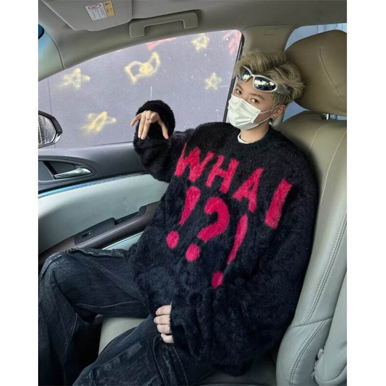 美式复古字母仿貂绒毛衣男秋冬宽松高级感休闲针织衫 M6021图片