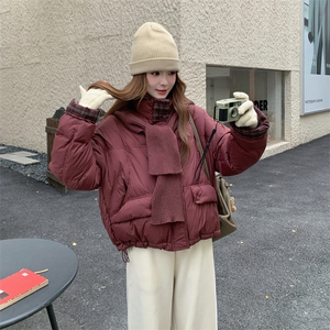 现货新款韩版宽松立领撞色格子袖口羽绒服短款外套面包服图片