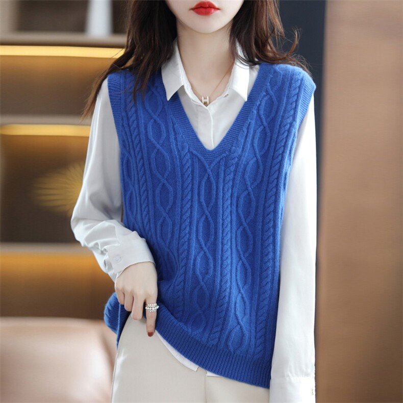 时尚百搭纯毛绞花V领马甲优雅显瘦秋季必备单品，女装马甲，忠诺羊绒