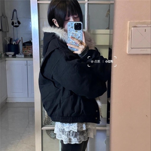 黑色毛领座山雕短款棉服男冬季加厚保暖棉衣cleanfit连帽外套图片