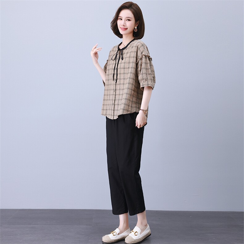 时尚休闲格子拼接套装女宽松显瘦抽绳设计两件套,女装套装/套裙,叶笙衣