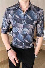 235-P552021新款英伦韩版中袖衬衫个性帅气印花衬衣1，男装衬衫，星座312A