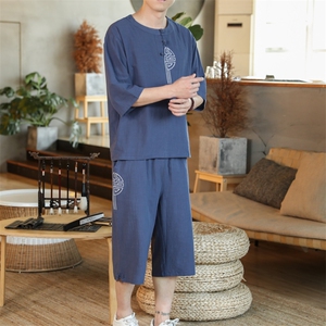 风夏款 盘扣刺绣休闲男士套装大码T恤七分裤两件套潮A822-P80图片