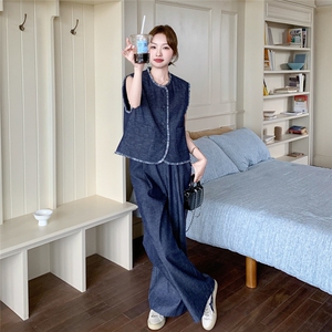 深蓝色流苏马甲休闲裤套装2025新款女春夏复古韩系盐系穿搭两件套图片