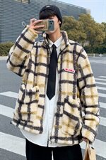 棉衣男港风宽松格子保暖加厚潮牌羊羔毛外套大衣B288-MJ400，男装毛呢大衣，电商B288