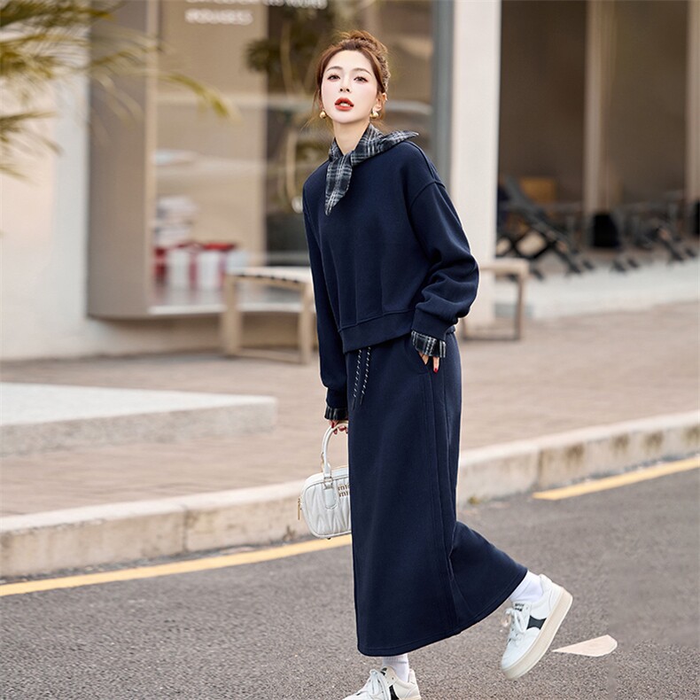 韩版假两件运动风卫衣套装女2025春秋时尚休闲洋气显瘦长裙两件套,女装套装/套裙,姿衣坊