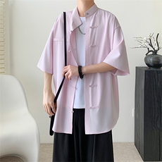 新中式盘扣短袖衬衫男夏季冰丝凉感五分袖衬衣青少年宽松百搭上衣，男装衬衫，电商A102-1