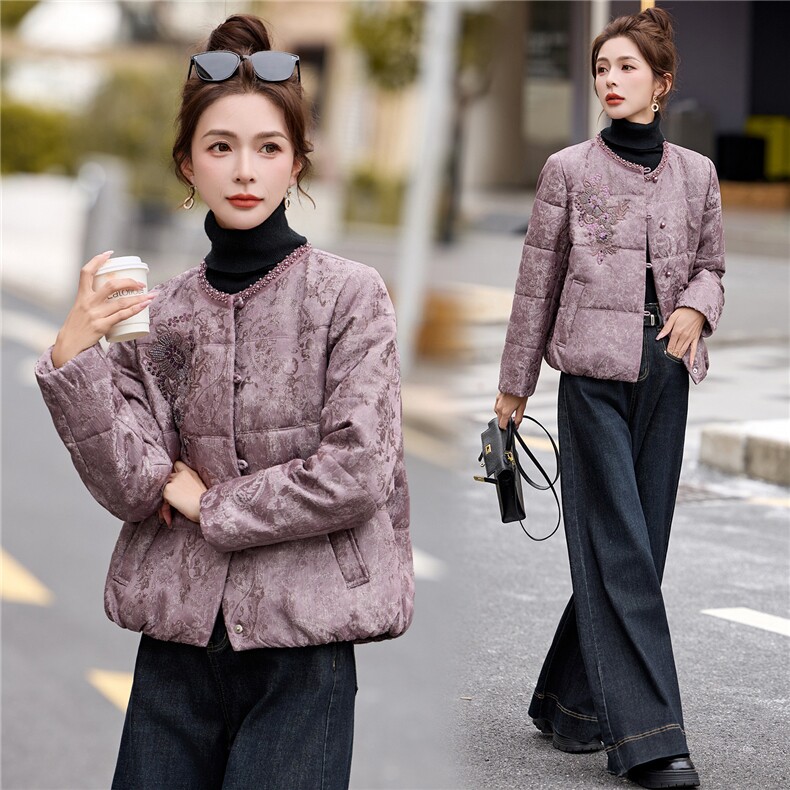 新中式刺绣棉衣外套女2025秋冬新款刺绣钉珠洋气绵羊毛棉服外套潮,女装棉衣/棉服,拾衣