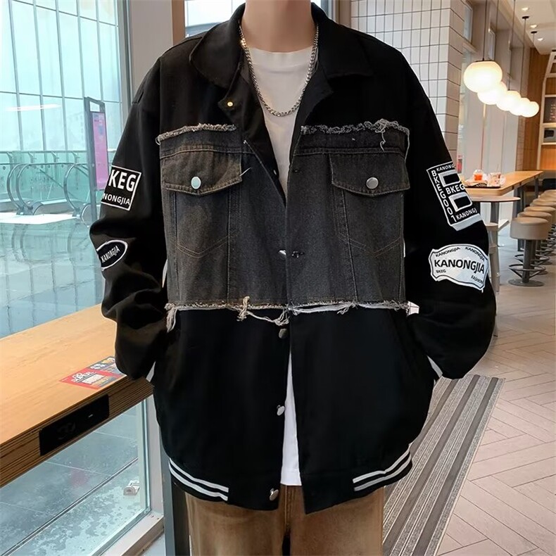 拼接牛仔外套男潮牌春秋季2022高街棒球服夹克工装,男装夹克,星座716-4