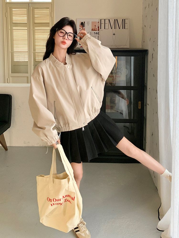 米白色圆领外套女春季2025新款超好看时髦宽松休闲显瘦短款夹克,女装短外套,浙宝285（原212）