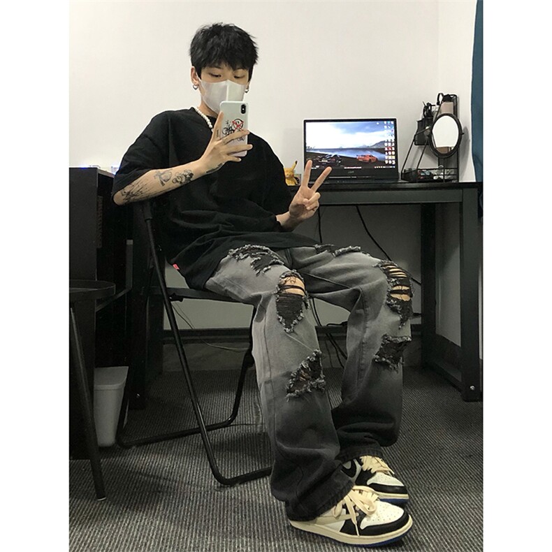 美式ins高街小众夏季破洞牛仔裤货号K729P60图片