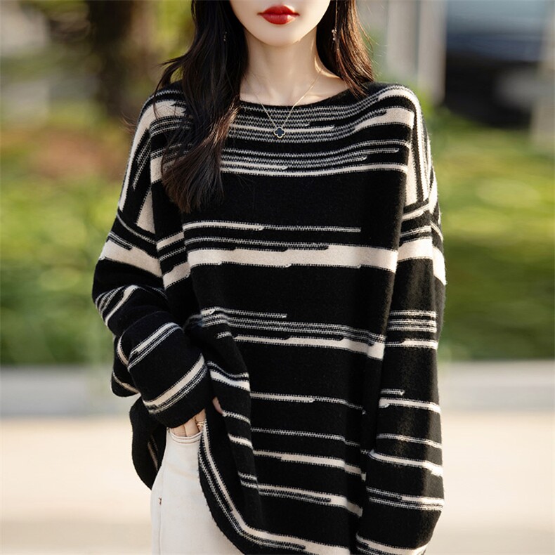宽松慵懒风条纹拼色100%羊毛衫女圆领针织长袖毛衣打底羊绒衫上衣,女装羊毛衫,琳尚羊绒
