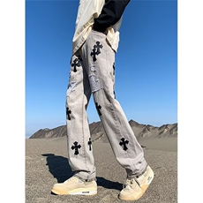 毛边牛仔裤男士春季潮牌美式高街宽松直筒潮流设计感补丁长裤子，男装牛仔裤，星座410-7