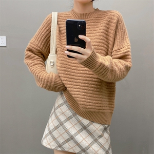 秋冬季新款山羊绒衫女士圆领条纹休闲时尚宽松百搭软糯针织衫毛衣图片