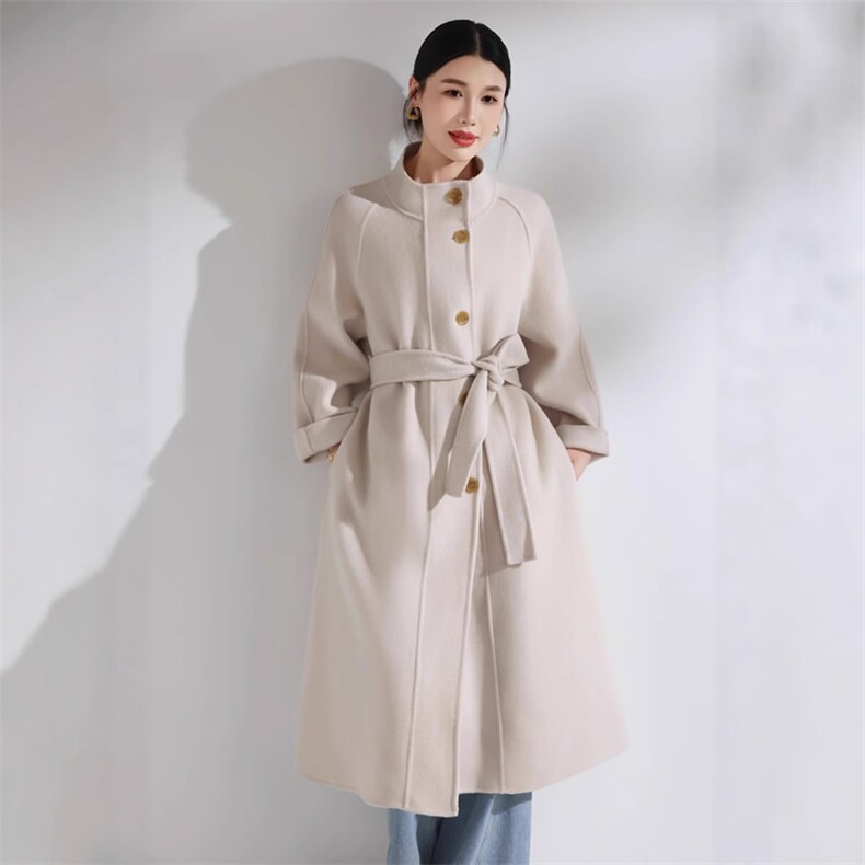 秋冬新款立领纯色带扣大衣时尚简约百搭，女装双面呢大衣，阿吉丽克
