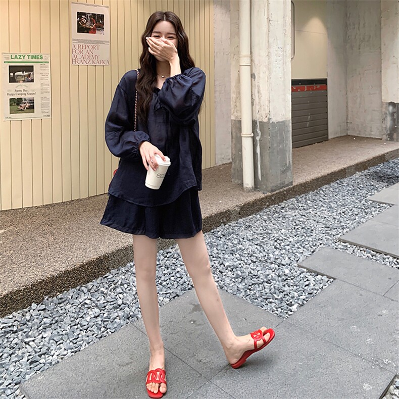 休闲防晒套装女设计感小众长袖衬衣+短裤两件套夏季,女装套装/套裙,纯色衣恋