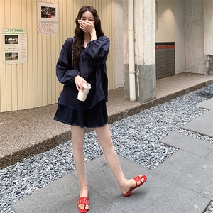 休闲防晒套装女设计感小众长袖衬衣+短裤两件套夏季图片