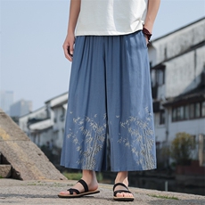现货！新中式风男士竹叶印花棉麻八分裤K211-P60-控88，男装休闲裤，电商A021