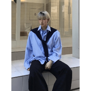 抖音得物品质二开春装美式潮牌披肩条纹长袖衬衫男女休闲宽松衬衣图片