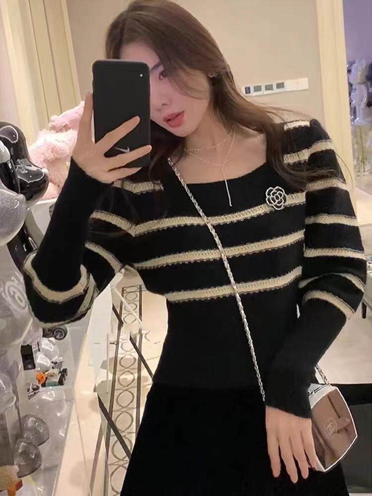 现货春季新款条纹方领毛衣，女装针织衫/毛衣，CHERRY·印