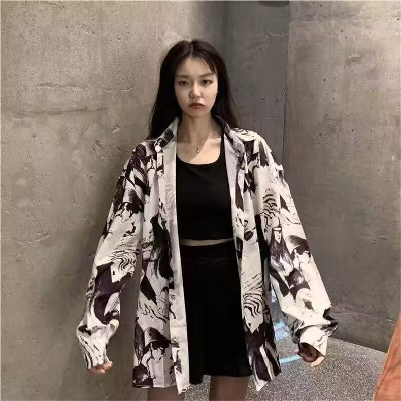 潮牌ins长袖衬衫男女嘻哈街头宽松复古休闲炸街扎染印花衬衣外套,男装衬衫,星座1210-1